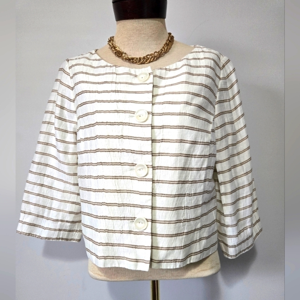 Louben Linen White and Brown Button-Up Cropped Jacket. Size 12